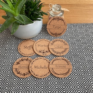 Personalized coasters, cork, custom engraving, beer mats, place cards, birthday, table decoration, wedding, guest gift, name tags