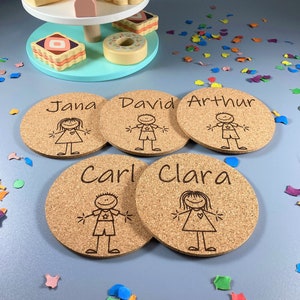 Stick figure cork coasters personalized, children's name, birthday, place cards, guest gift, party bag, table decoration, party, giveaway