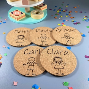 Stick figure cork coasters personalized, children's name, birthday, place cards, guest gift, party bag, table decoration, party, giveaway