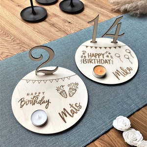 Birthday plate, birthday wreath, personalized, children&#39;s birthday, table decoration, candle holder, tea light, birthday board, blackboard, wood