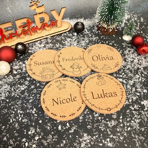 Porta-copos de Natal personalizados em cortiça, cartões de lugar, crachás, cartões de lugar, presente, Pai Natal, Advento, presente, decoração de mesa