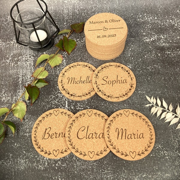 Place cards, coasters, personalized, cork, desired engraving, name tags, wedding, guest gift, place cards, birthday, table decoration
