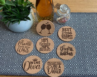 Kork Untersetzer, Wein Liebhaber, Bierdeckel, Wunschgravur, Kneipe, Bar, Tischdekoration, Geschenk, Freunde, Geburtstag, Glas