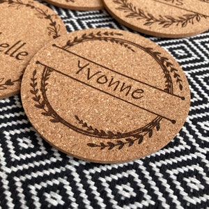Personalized coasters, cork, custom engraving, beer mats, place cards, birthday, table decoration, wedding, guest gift, name tags image 4