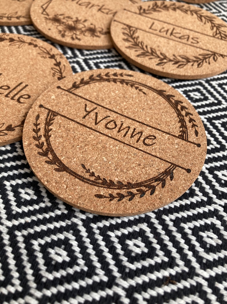 Personalized coasters, cork, custom engraving, beer mats, place cards, birthday, table decoration, wedding, guest gift, name tags image 4