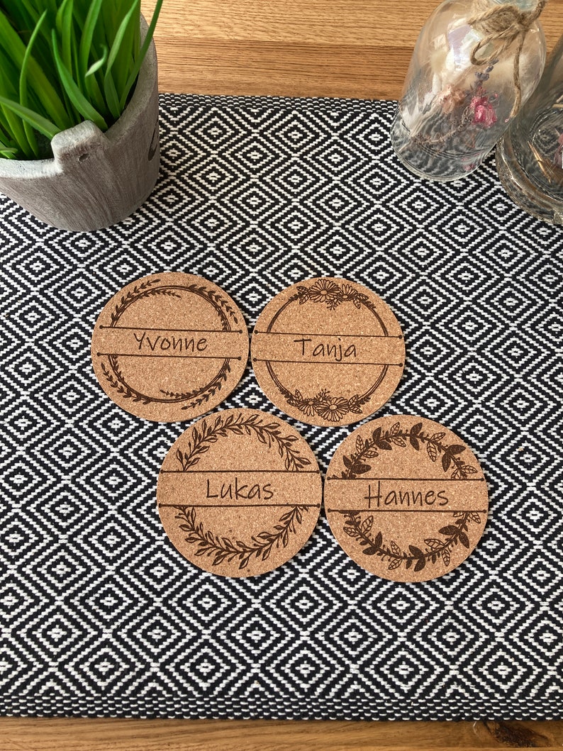 Personalized coasters, cork, custom engraving, beer mats, place cards, birthday, table decoration, wedding, guest gift, name tags image 5