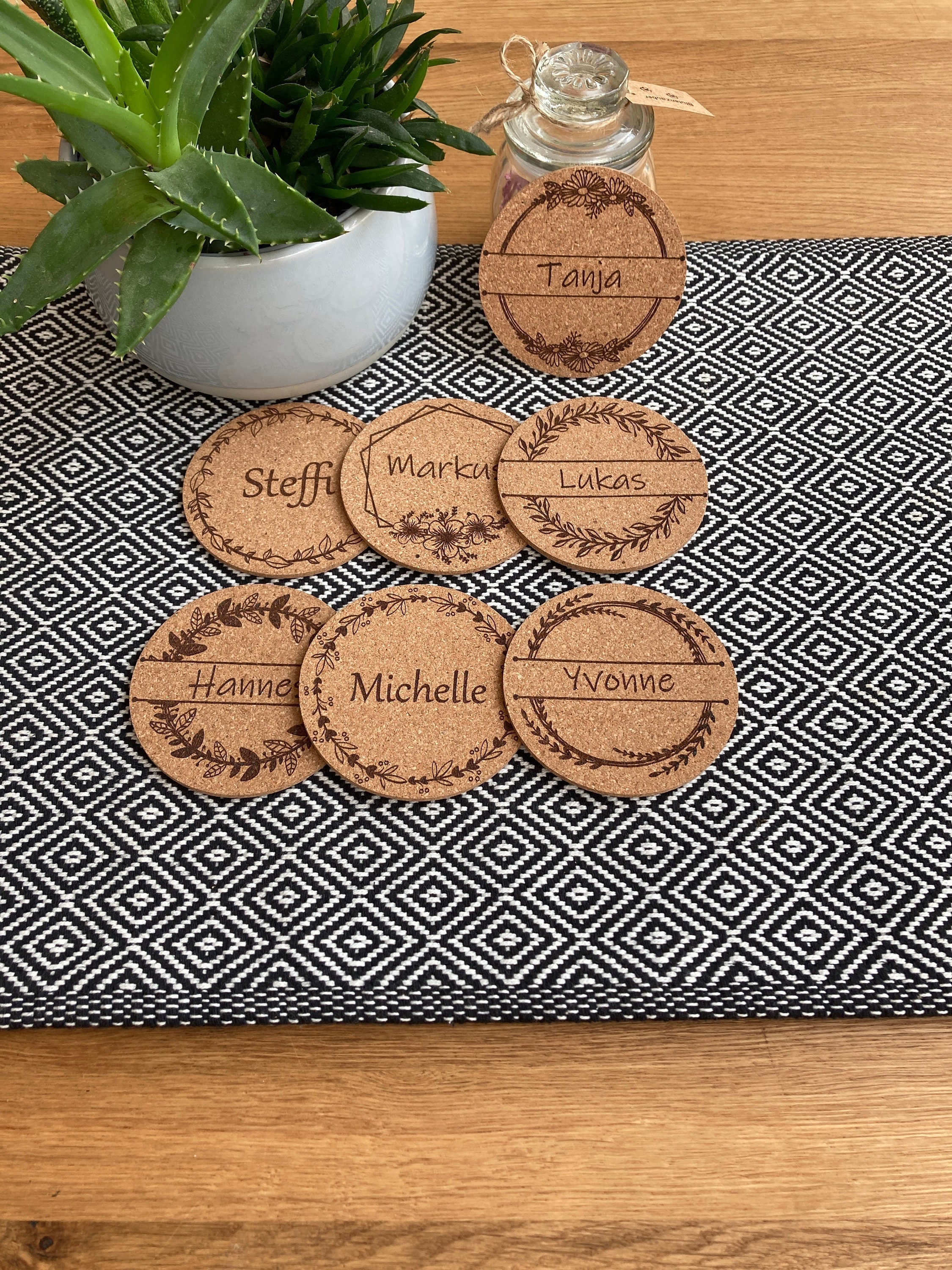Personalized coasters, cork, custom engraving, beer mats, place cards, birthday, table decoration, wedding, guest gift, name tags