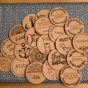 Personalized coasters, cork, custom engraving, beer mats, place cards, birthday, table decoration, wedding, guest gift, name tags image 10