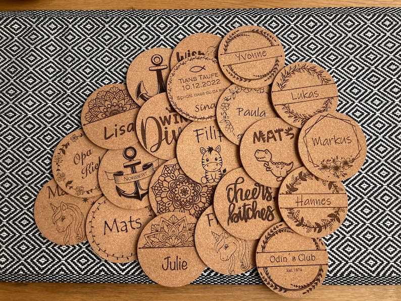 Personalized coasters, cork, custom engraving, beer mats, place cards, birthday, table decoration, wedding, guest gift, name tags image 10