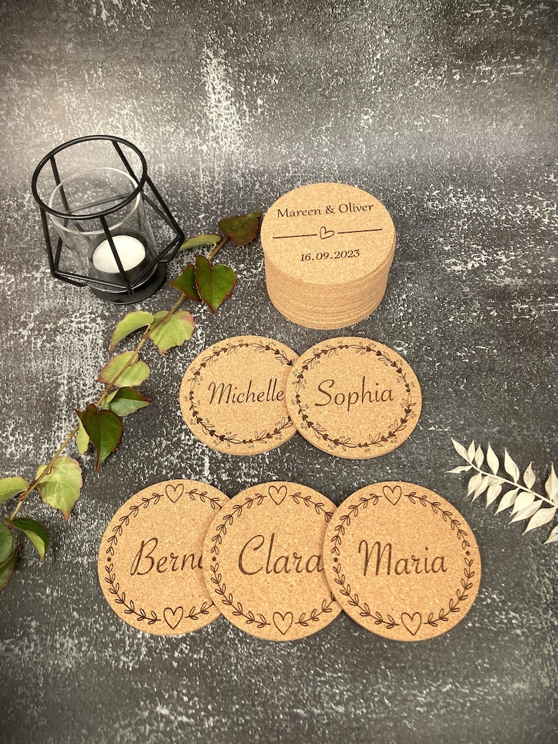 Place cards, coasters, personalized, cork, desired engraving, name tags, wedding, guest gift, place cards, birthday, table decoration image 1