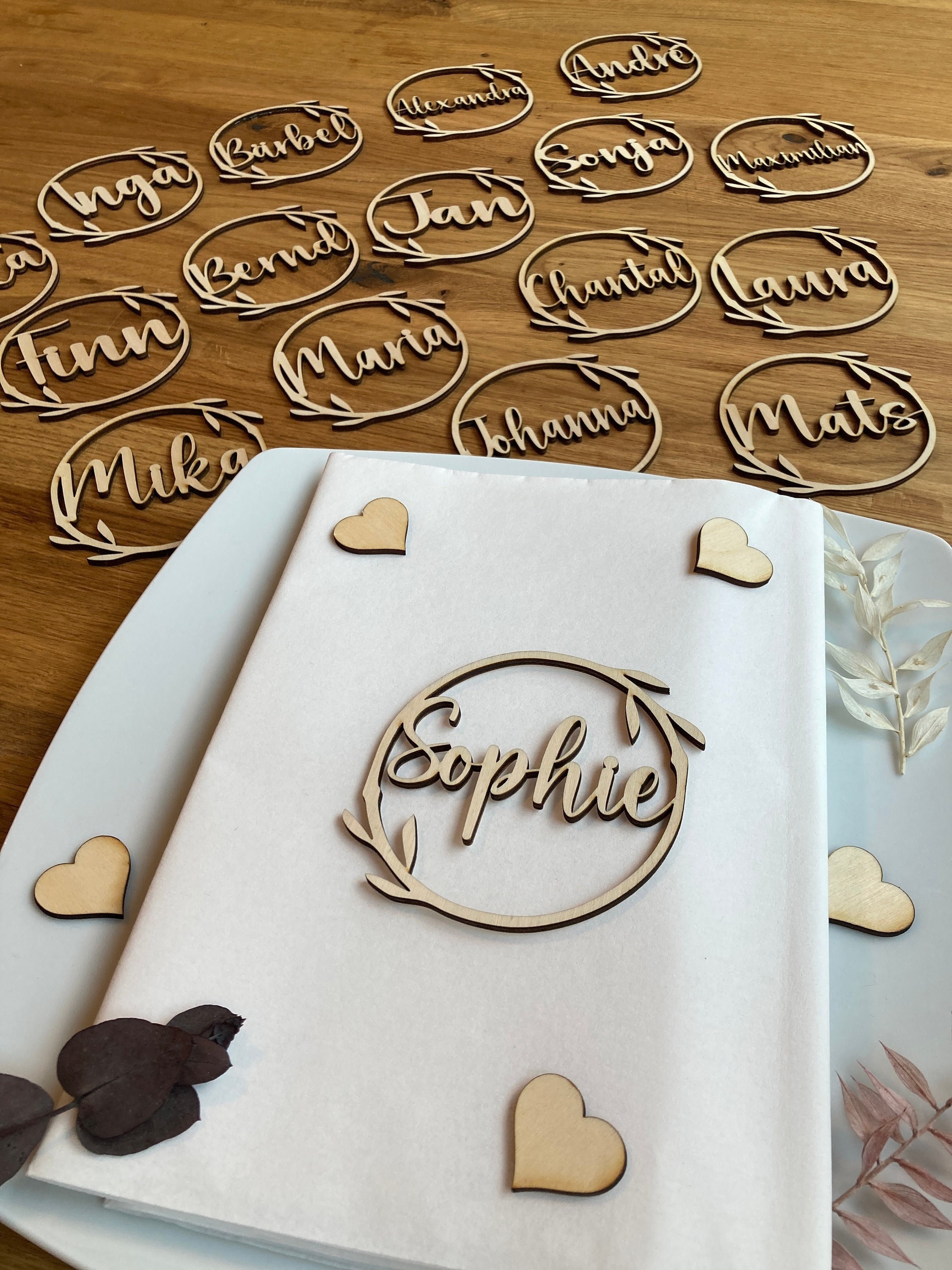 Place cards, table cards, wooden lettering, name plate, guest gift, wedding, celebration, table decoration, birthday, baptism, personalized
