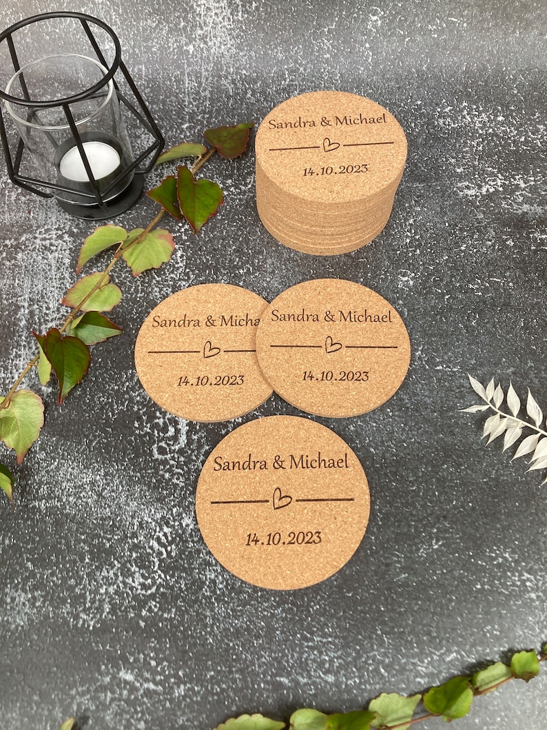 Place cards, coasters, personalized, cork, desired engraving, name tags, wedding, guest gift, place cards, birthday, table decoration image 3