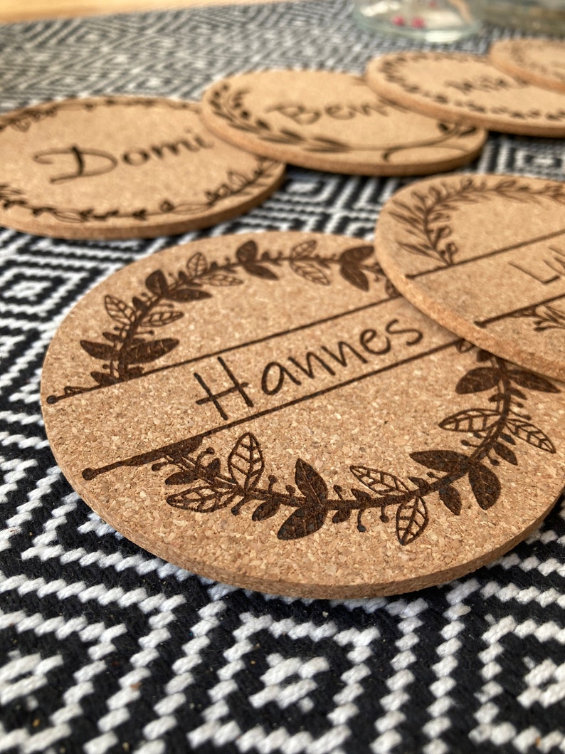 Personalized coasters, cork, custom engraving, beer mats, place cards, birthday, table decoration, wedding, guest gift, name tags image 3