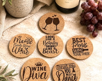 Wine cork coasters, wine lovers, beer mats, custom engraving, pub, bar, table decoration, gift, friends, birthday, glass