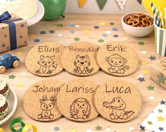 Kork Untersetzer personalisiert, Name Kinder, Geburtstag, Platzkarten, Gastgeschenk, Mitgebsel, Tischdeko, Party, Tiere, Giveaway