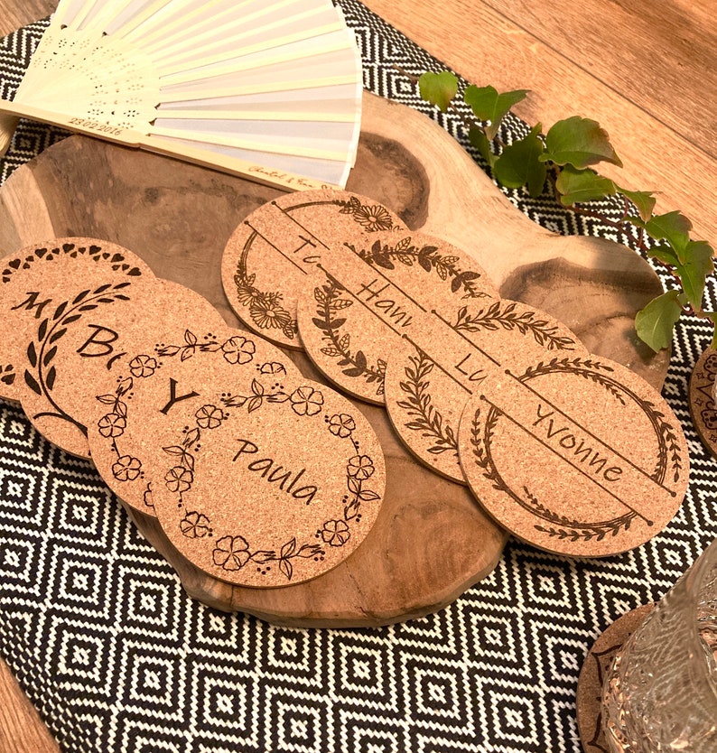 Personalized coasters, cork, custom engraving, beer mats, place cards, birthday, table decoration, wedding, guest gift, name tags image 2