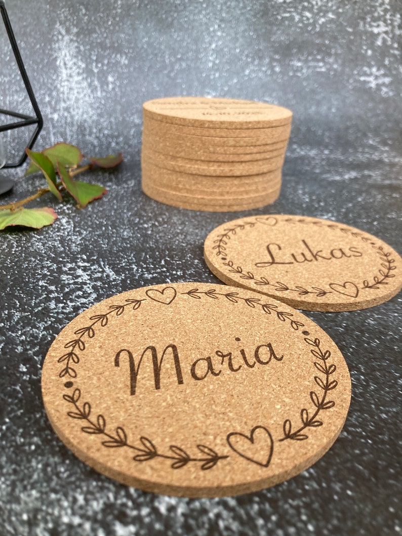 Place cards, coasters, personalized, cork, desired engraving, name tags, wedding, guest gift, place cards, birthday, table decoration image 2