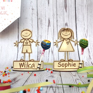 Figura stilizzata porta lecca-lecca in legno, personalizzata, regalo, compleanno per bambini, borsa per feste, omaggio, biglietto da visita, segnaposto, regalo per gli ospiti