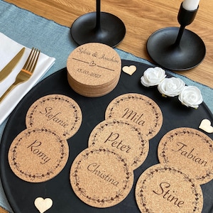 Place cards, coasters, personalized, cork, desired engraving, name tags, wedding, guest gift, place cards, birthday, table decoration image 4