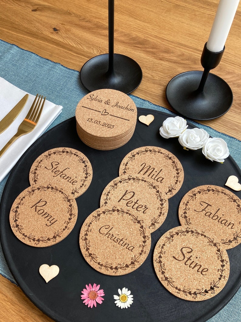 Place cards, coasters, personalized, cork, desired engraving, name tags, wedding, guest gift, place cards, birthday, table decoration image 4