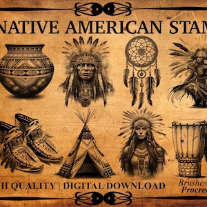May include: A set of 5 Native American themed digital stamps for Procreate. The stamps include a dreamcatcher, a teepee, a pot, moccasins, a drum, and two Native American figures.