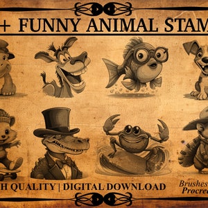 May include: A set of 50+ funny animal stamps for Procreate. The stamps feature a variety of animals, including a hippopotamus, donkey, fish, dog, hedgehog, alligator, crab, and mouse. The stamps are in a vintage style and are perfect for adding a touch of whimsy to your digital art.