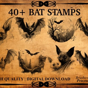 May include: A set of 40+ digital stamps featuring bats in various poses and settings. The stamps are designed for use in the Procreate app. The image shows a variety of bats, including a bat with a full moon in the background, a bat with a tree in the background, and a bat with a cityscape in the background.