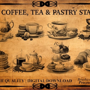 Puede incluir: Un conjunto de más de 50 sellos digitales para Procreate con ilustraciones de café, té y pastelería. Los sellos son de estilo vintage e incluyen imágenes de tazas de café, teteras, pasteles y otros artículos relacionados.