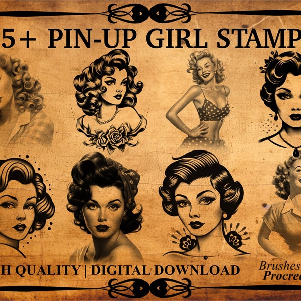 55+ Pin-Up Girl Procreate Brush Stamp Set | Traditional Tattoo | Pin-Up Girls