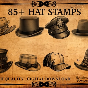 Puede incluir: Un conjunto de más de 85 sellos digitales de sombreros para Procreate. La imagen muestra una variedad de sombreros, incluyendo un sombrero de vaquero, un sombrero de copa, un sombrero de policía, un fedora, un sombrero de bruja, una gorra de béisbol y un sombrero steampunk.