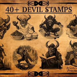 May include: A set of 40+ digital stamps featuring various illustrations of devils in different poses and activities. The stamps are designed for use with the Procreate app.