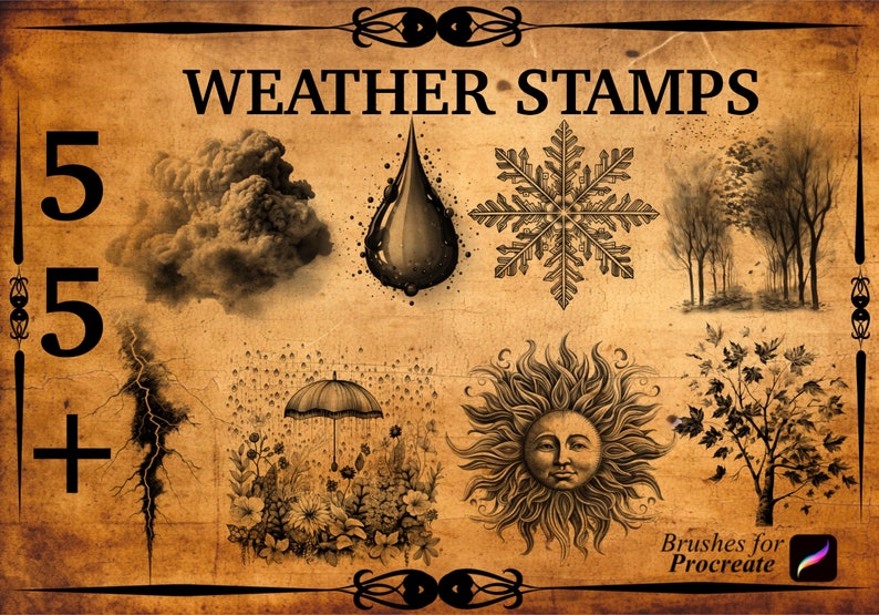 55 Weather Procreate Brush Stamps Sun Stamps Cloud Stamps Etsy