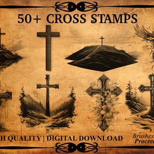 May include: 50+ Cross Stamps digital brushes for Procreate. The image shows a variety of cross designs, including simple crosses, crosses with wings, and crosses with floral accents. The brushes are high quality and perfect for creating religious art, scrapbooking, or other creative projects.