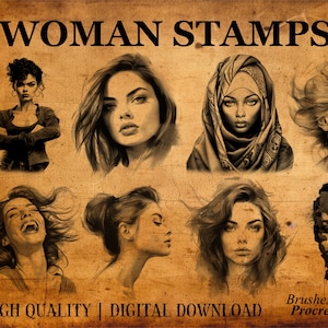 Peut inclure: Un ensemble de plus de 80 tampons numériques représentant des illustrations en noir et blanc de visages de femmes. Les tampons sont conçus pour être utilisés avec l'application Procreate.
