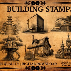 May include: A set of 60+ digital building stamps for Procreate. The stamps feature a variety of architectural styles, including modern, traditional, and whimsical. The stamps are perfect for adding detail to your digital illustrations.