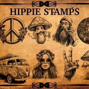 May include: A set of 7 vintage-style rubber stamps with hippie themes. The stamps feature images of a peace sign, a mushroom, a man with a beard, a woman's face, a VW van, a woman with a flower crown, and a peace sign hand gesture.