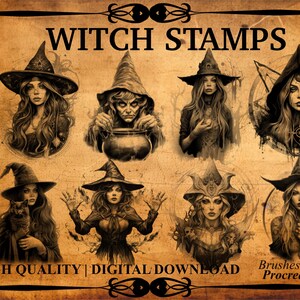 May include: Digital download graphic featuring eight witch illustrations in black and white. The text "WITCH STAMPS" is at the top, with "35+" and "HIGH QUALITY | DIGITAL DOWNLOAD" also visible. The images are for Procreate brushes.