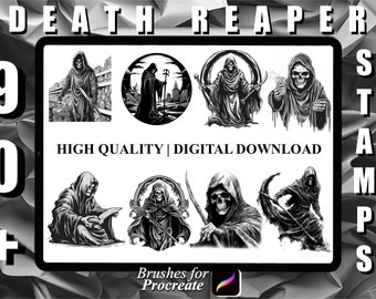 Könnte beinhalten: Schwarz-Weiß-Digitalstempel mit dem Sensenmann. Das Bild enthält mehrere Illustrationen des Sensenmanns in verschiedenen Posen, mit dem Text "DEATH REAPER STAMPS" und "HIGH QUALITY | DIGITAL DOWNLOAD".