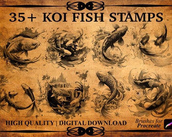 Puede incluir: Más de 35 sellos de peces Koi para Procreate. Una descarga digital de pinceles de alta calidad que representan peces Koi en varias poses y diseños.