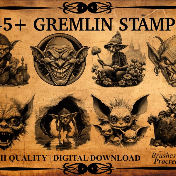 Plus de 45 tampons de pinceau Gremlin Procreate | Timbres gobelins