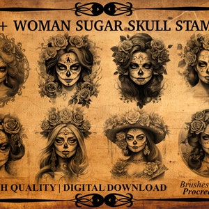 45+ La Catrina Portrait Procreate Brush Stamps | Woman Sugar Skull Stamps