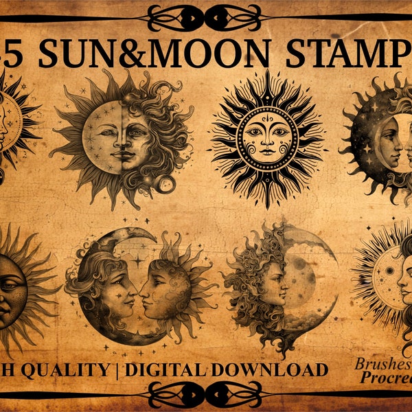 45 Timbres de pinceau de procréation Soleil et Lune | Bohème Soleil et Lune
