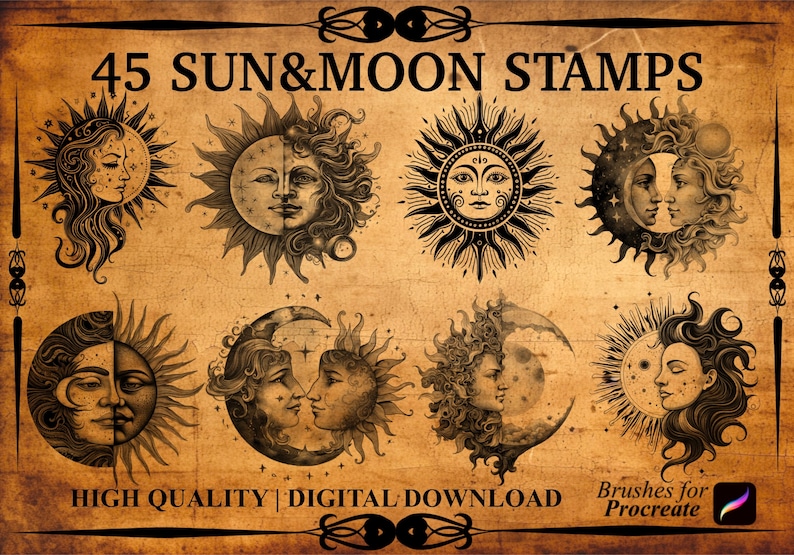Sun and Moon Procreate Brush Stamps | 45 Bohemian Designs (digital ...