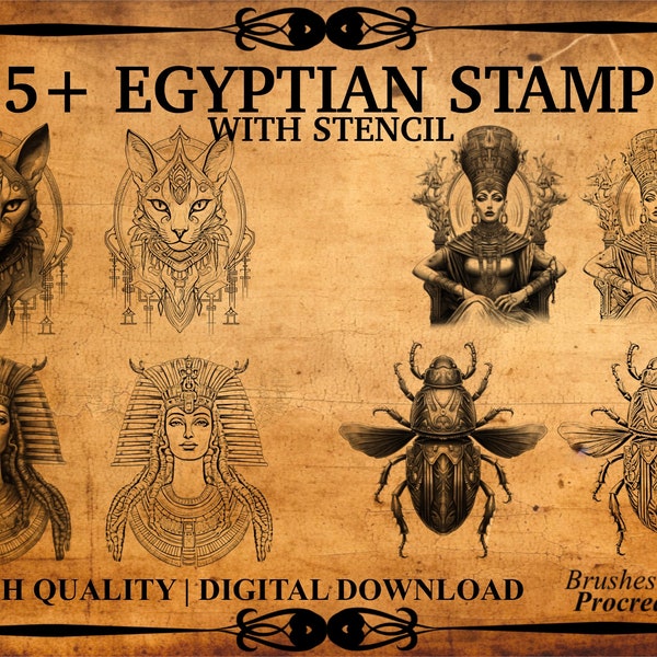 55+ Egyptian Procreate Brush Stamps with Stencil | Egyptian Tattoo Stencil | 110 Total Stamps