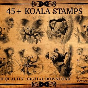 Pode incluir: 45+ Carimbos de Coala - Download digital de alta qualidade Pincéis para Procreate. Um conjunto de carimbos digitais com adoráveis ​​coalas em várias poses, incluindo um coala segurando um bebê coala. Os carimbos são em preto e branco e têm uma estética vintage.