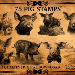 May include: 75 Pig Stamps: A set of digital stamps featuring various pig illustrations in a vintage style. The stamps are perfect for adding a touch of whimsy to your digital art projects.