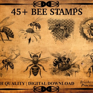 Puede incluir: 45+ Sellos de abejas - Descarga digital de alta calidad Pinceles para Procreate. Un conjunto de sellos digitales con abejas, panales y flores en un estilo vintage.