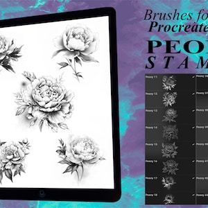 55+ Digitale Briefmarken mit Pfingstrose für Procreate