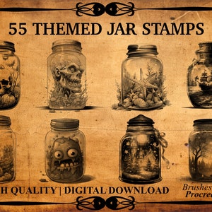 Op de afbeelding: Digitale afbeelding van acht thematische potstempels. Elke pot bevat een unieke illustratie, waaronder een schedel, een cactus en een zombie. De tekst "55 THEMED JAR STAMPS" staat bovenaan, met "HIGH QUALITY | DIGITAL DOWNLOAD" onderaan.