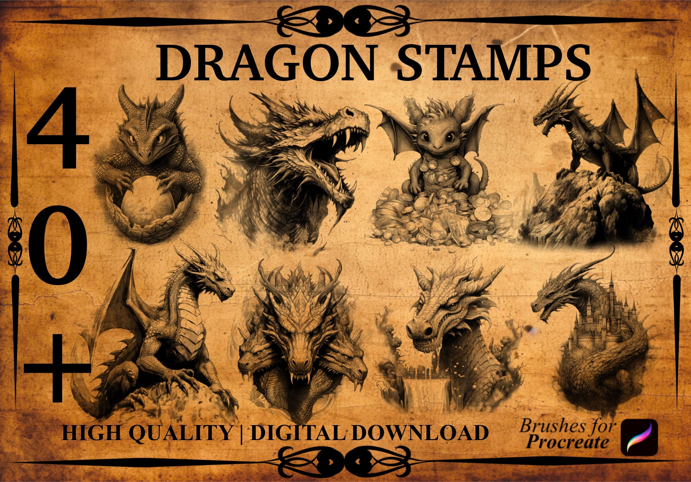 40+ Dragon Procreate Brush Stamps – Mythical Creatures, Scales, Wings & Flames